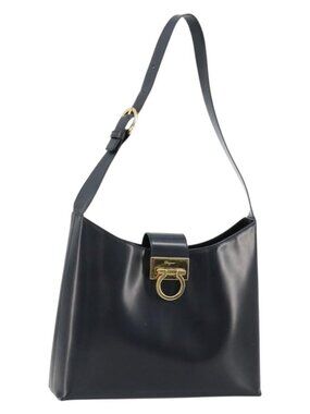 Salvatore Ferragamo Gancini Shoulder Bag Leather Navy Gold Auth BA13105